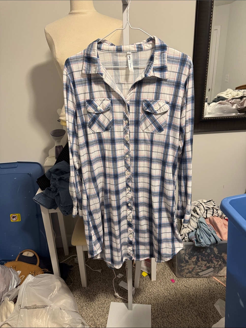 White Mark Blue and White Plaid Button-Up Shirt dress with pockets